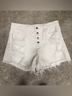 High-Rise Distressed White Denim Shorts